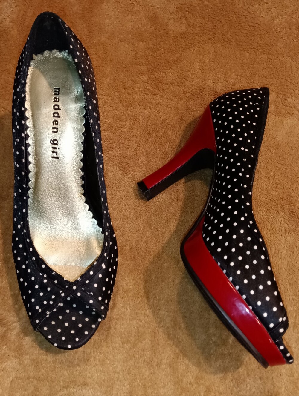 Madden Girl Black Polka Dot Peep-Toe Pinup Style  Pumps with Red Heel